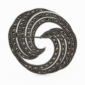 Sterling Silver Marcasite Swirl Brooch – Signed Sterling – Vintage Style Dimensi